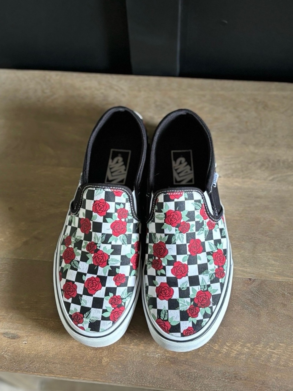 VANS black & white checkered shoes with Roses. Women’s size 10